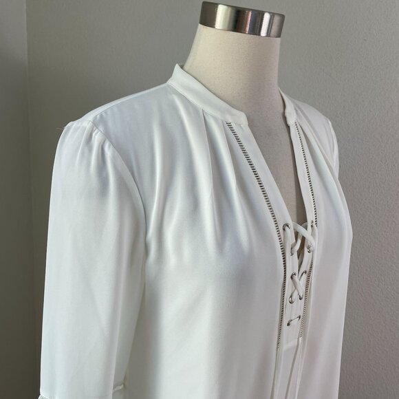 White House Black Market Womens 8 Lace Up Blouse Long Bell Sleeve Shirt Top - Picture 2 of 10
